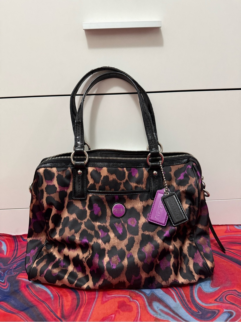 Vintage Y2K Coach Poppy Ocelot Leopard Purple Satin Satchel Bag